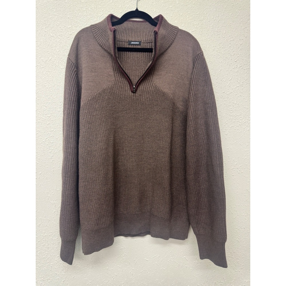 JMIERR Mens Quarter Zip Pullover Sweater Brown Knit Mock Neck XL Long Sleeve